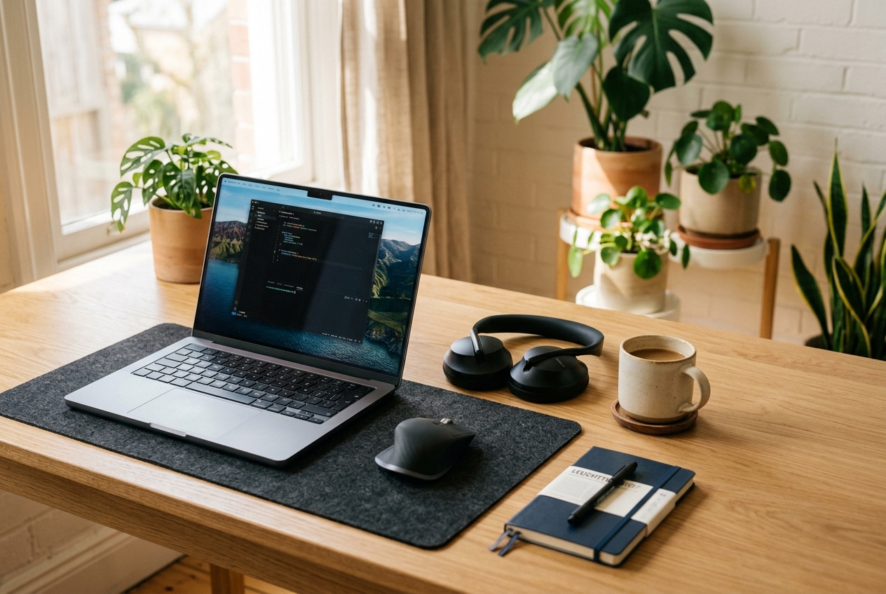 Organized MacBook desk setup with headphones — frictionless workflow